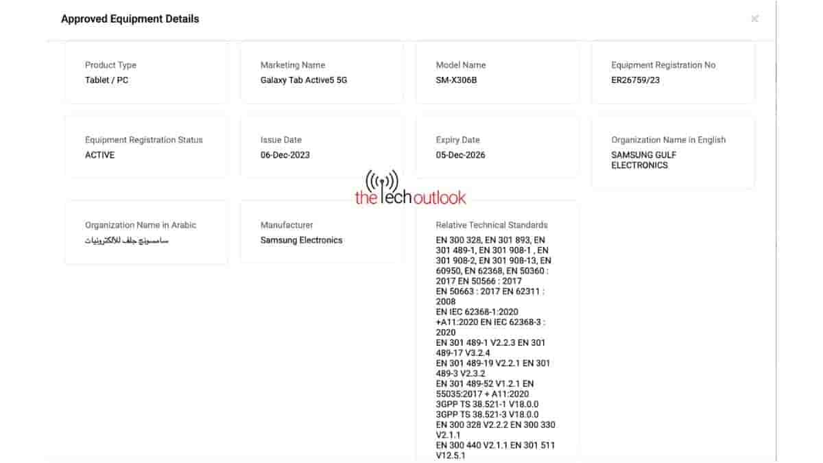 Galaxy Tab Active 5 5G - TDRA Certification