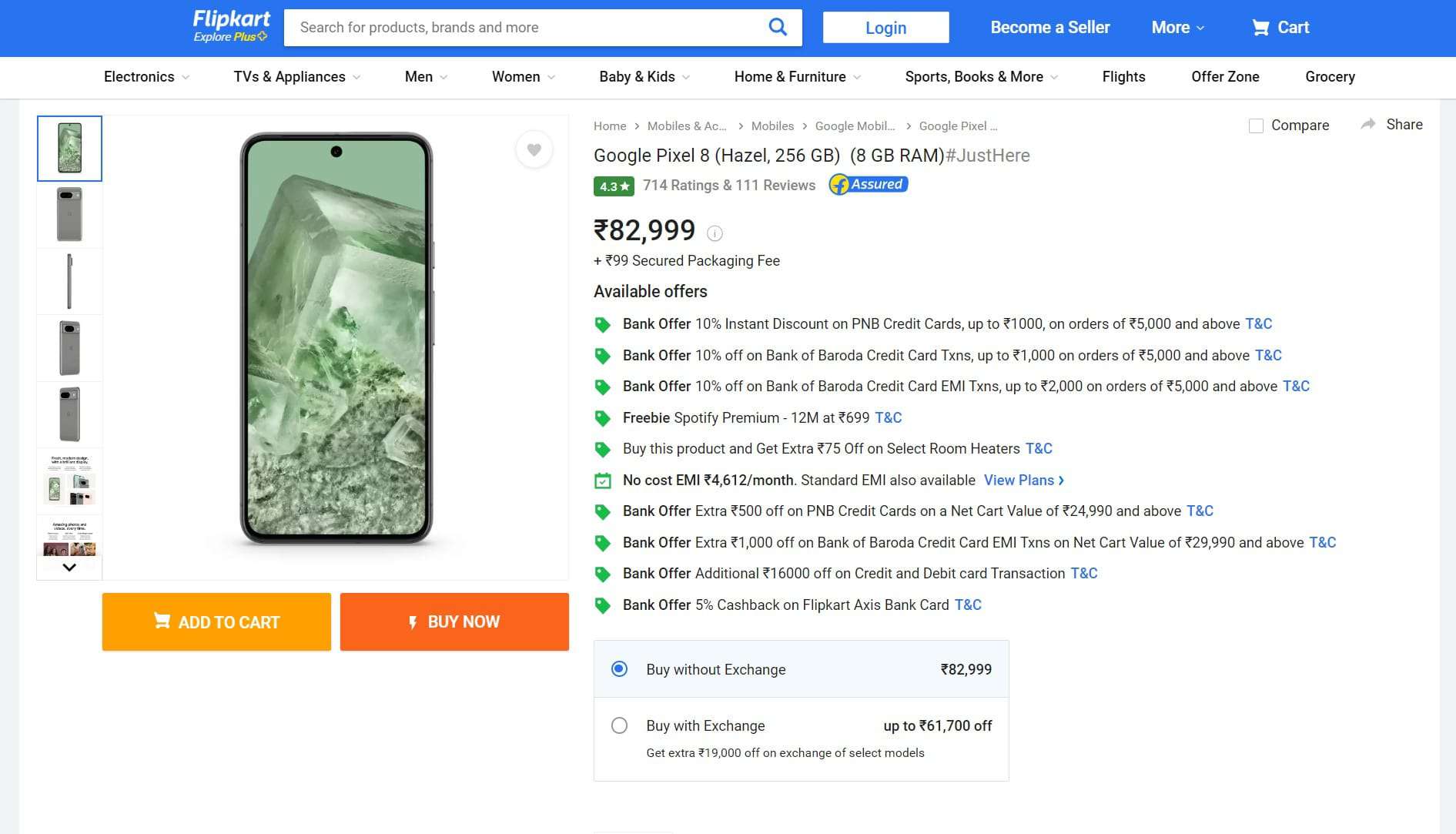 Google Pixel 8 - 8GB.256GB - Flipkart Listing