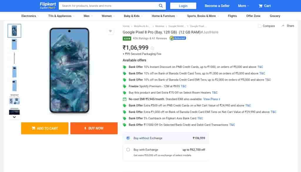 Google Pixel 8 Pro - 12GB.128GB - Flipkart Listing