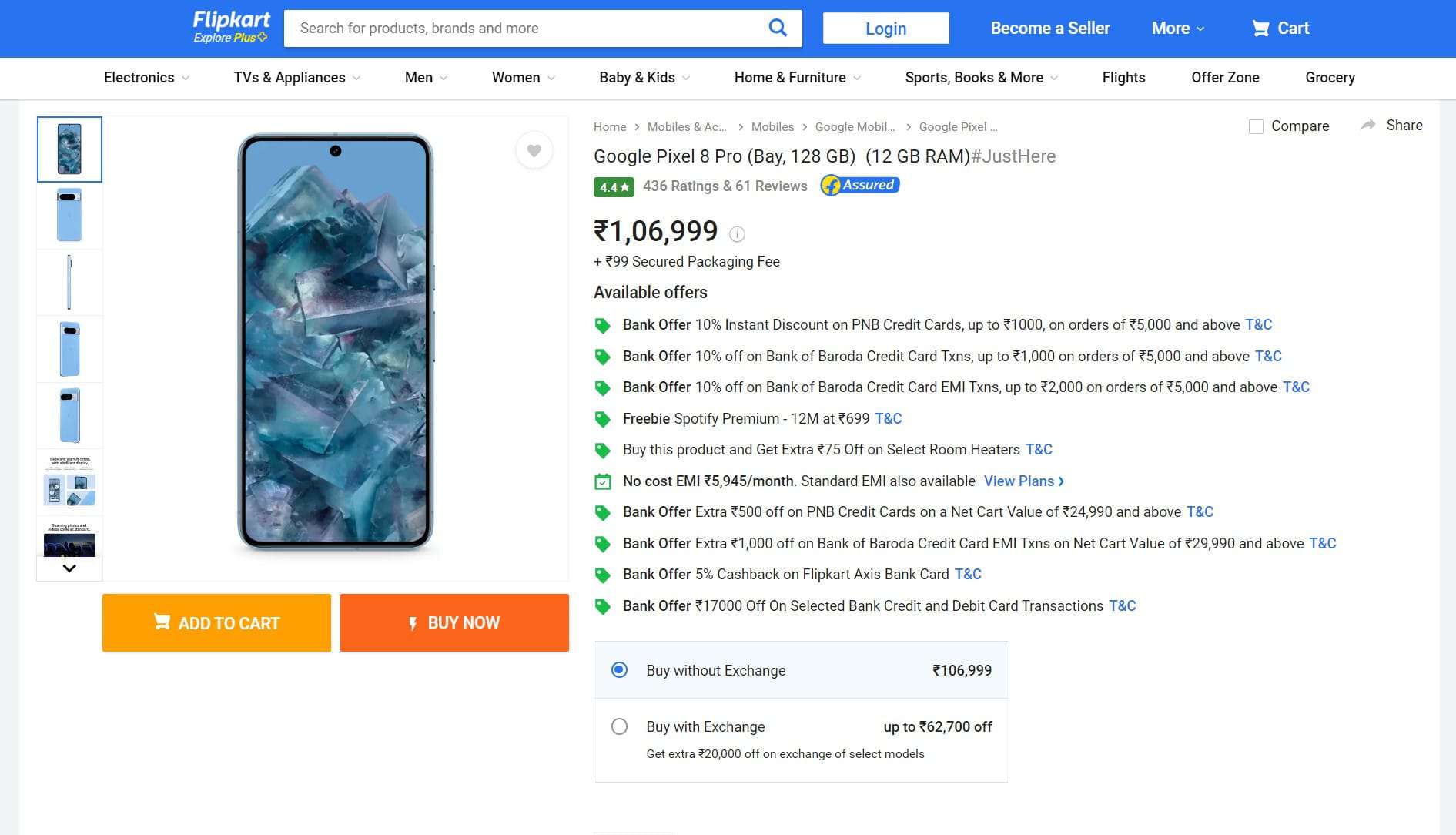 Google Pixel 8 Pro - 12GB.128GB - Flipkart Listing