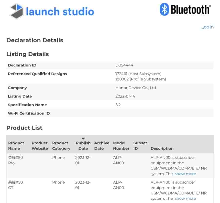 Honor X50 GT Bluetooth SIG