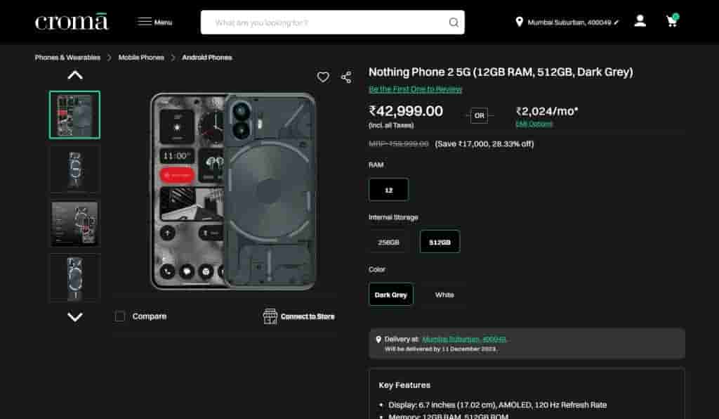 Nothing Phone (2) - Croma - 12GB.512GB - Dark Grey