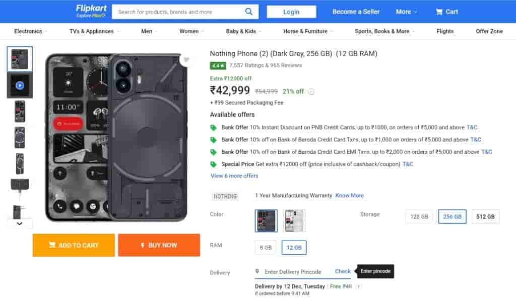 Nothing Phone (2) - Flipkart - 12GB.256GB - Dark Grey