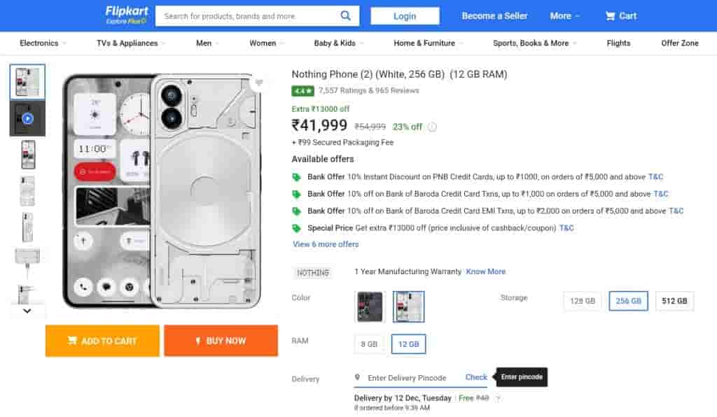 Nothing Phone (2) - Flipkart - 12GB.256GB - White