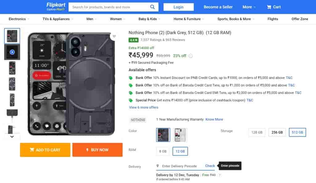 Nothing Phone (2) - Flipkart - 12GB.512GB - Dark Grey