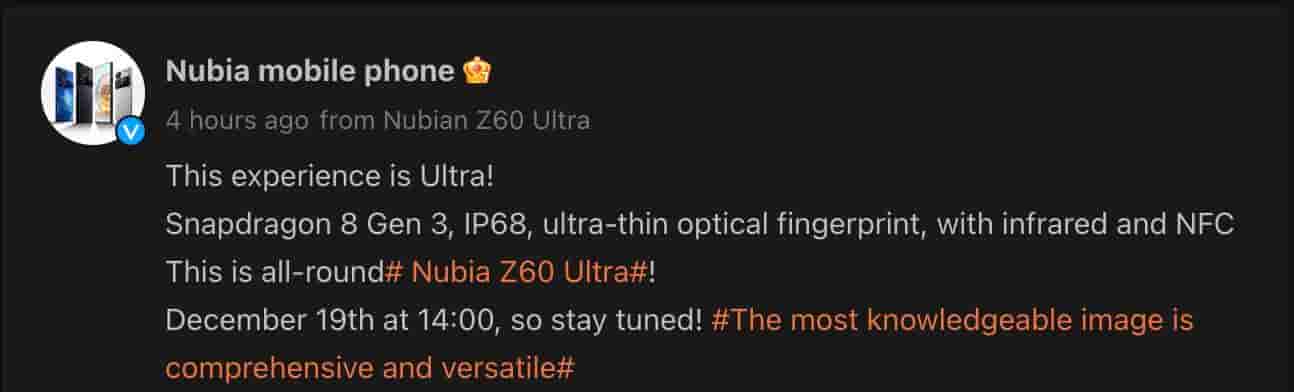 Nubia Z60 Ultra - Weibo Post - 1