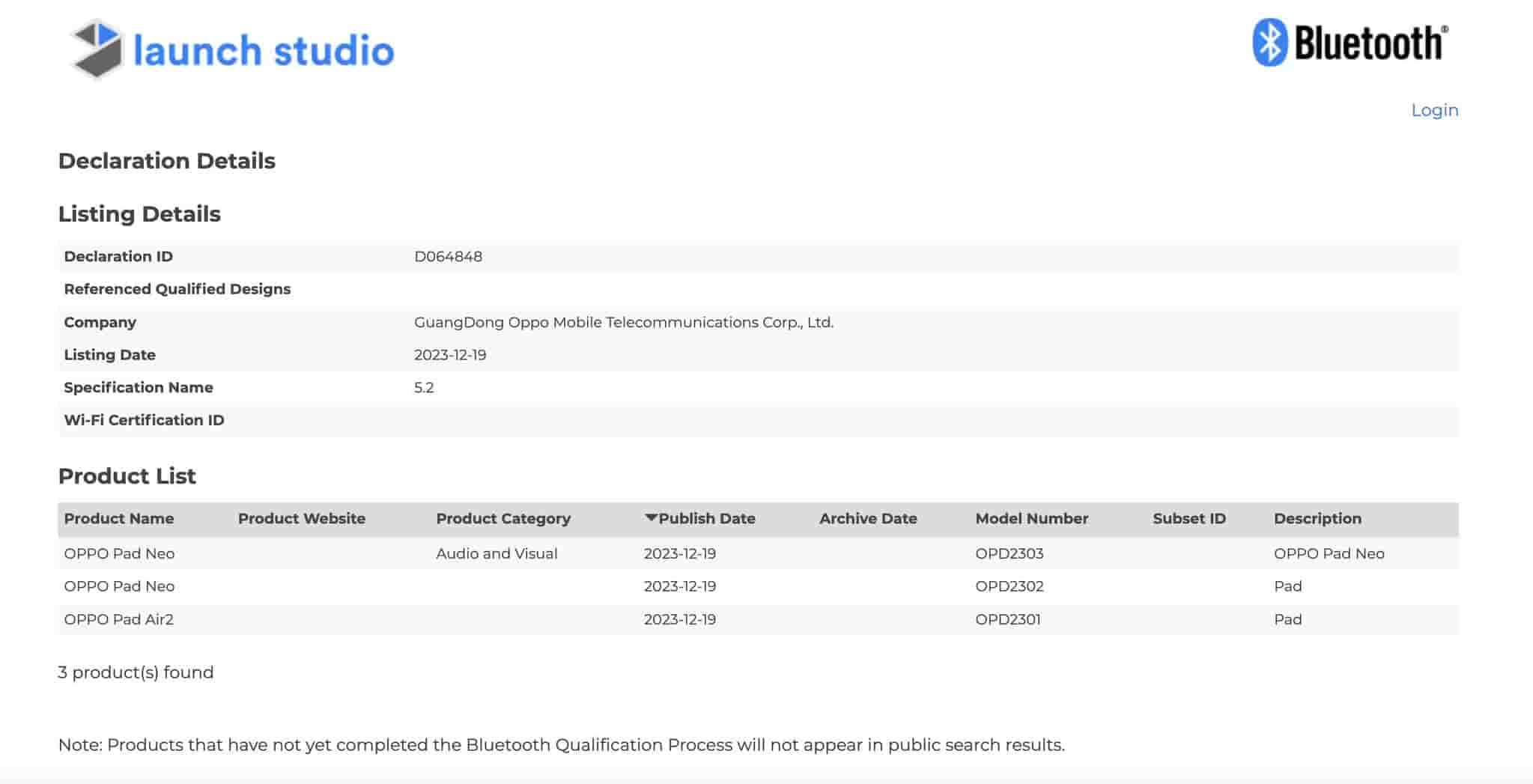 OPPO Pad Neo Bluetooth SIG