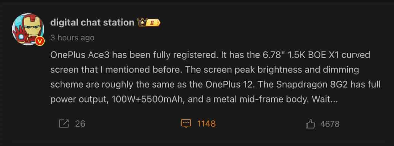 OnePlus Ace 3 - Specifications Tipped - Digital Chat Station - Weibo Post