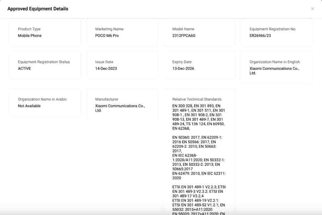 POCO M6 Pro - TDRA Certification