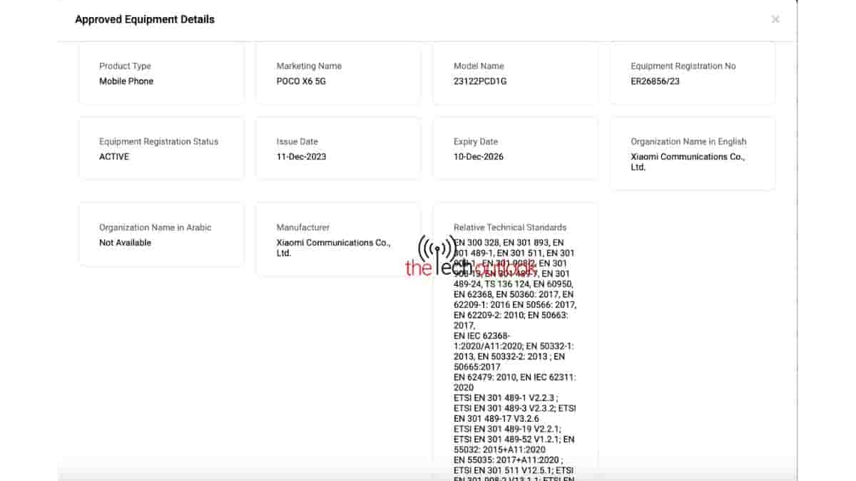 POCO X6 5G - TDRA Certification