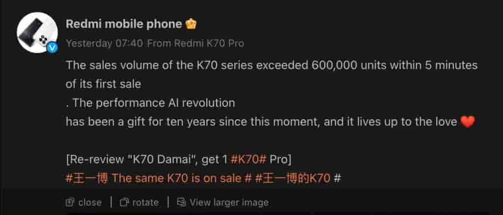 Redmi K70 Series - Sales Volume Exceeds 6,00,000 Units - Weibo Post