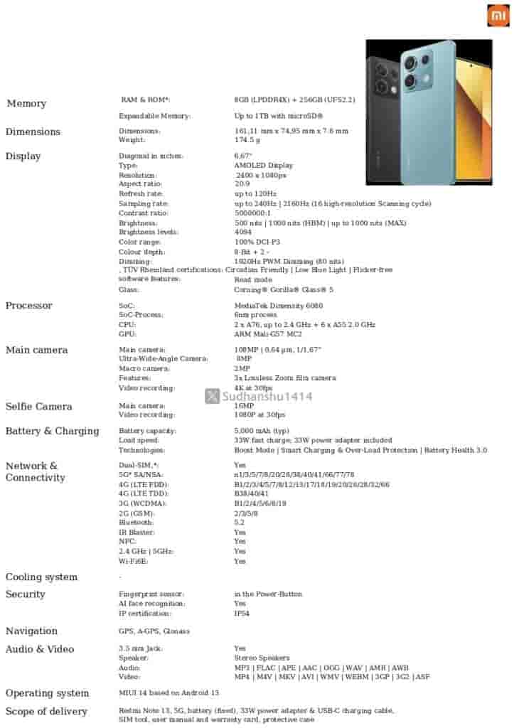 Redmi Note 13 5G - Indian.Global Model - Spec Sheet