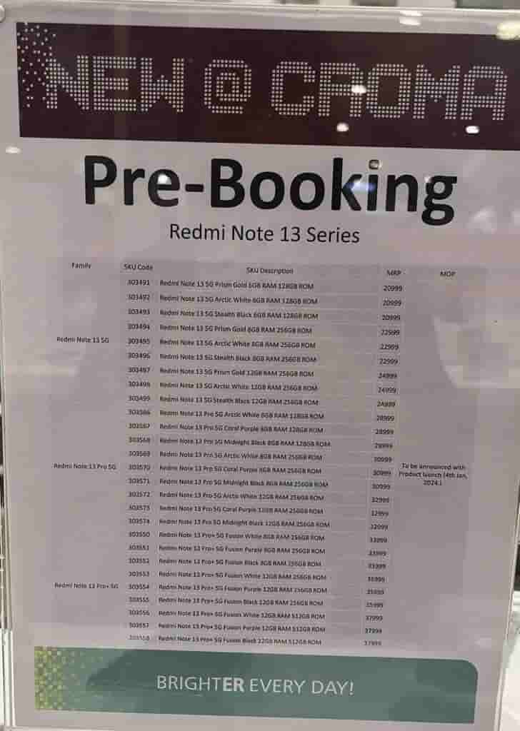 Redmi Note 13 Series Croma Price List