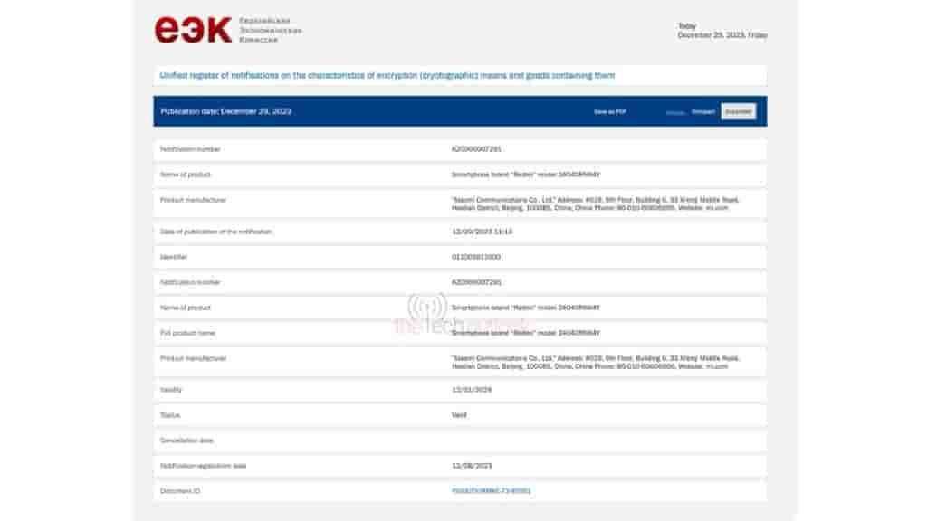 “Redmi” Model 24040RN64Y - EEC Certification