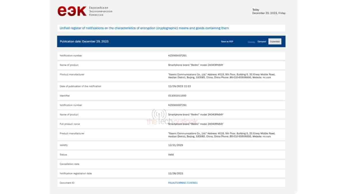 “Redmi” Model 24040RN64Y - EEC Certification
