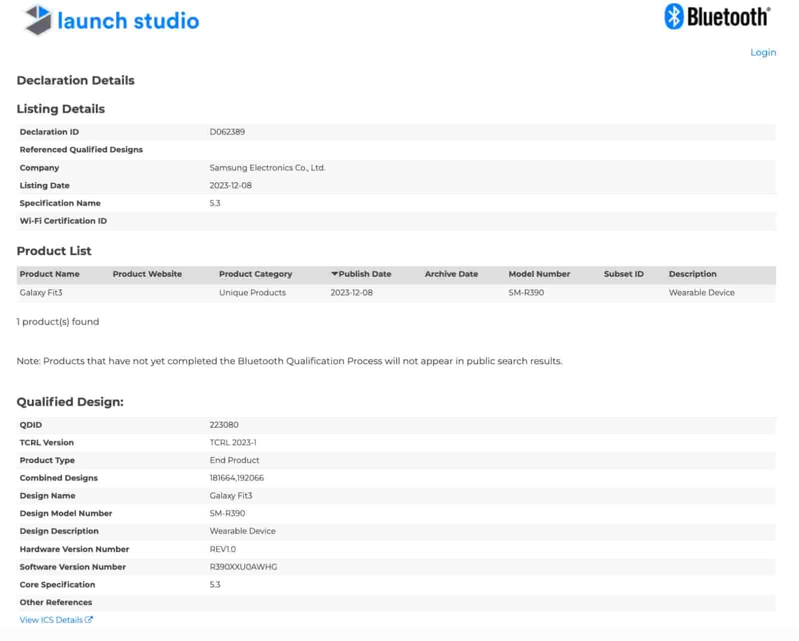 Samsung Galaxy Fit 3 - Bluetooth SIG Certification