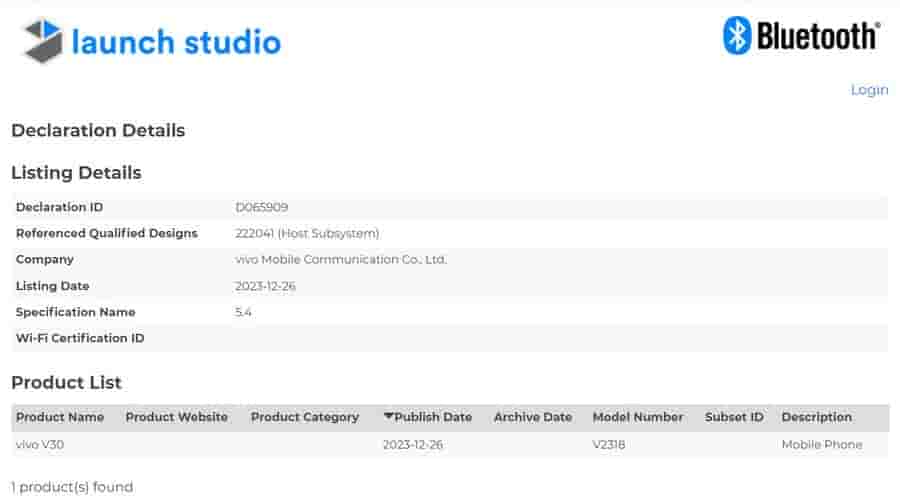 Vivo V30 Bluetooth SIG