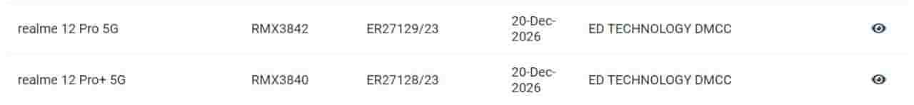 Realme 12 Pro, Raelme 12 Pro+ TDRA certfiication