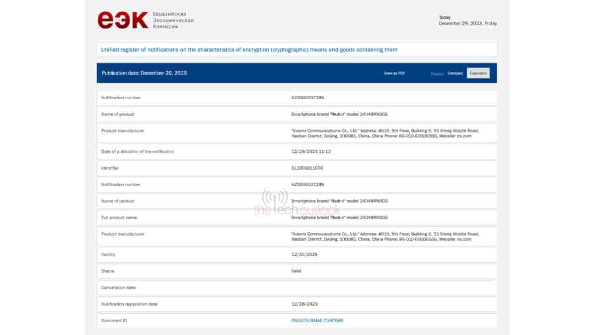 Redmi_ Model 24048RN6CG - EEC Certification