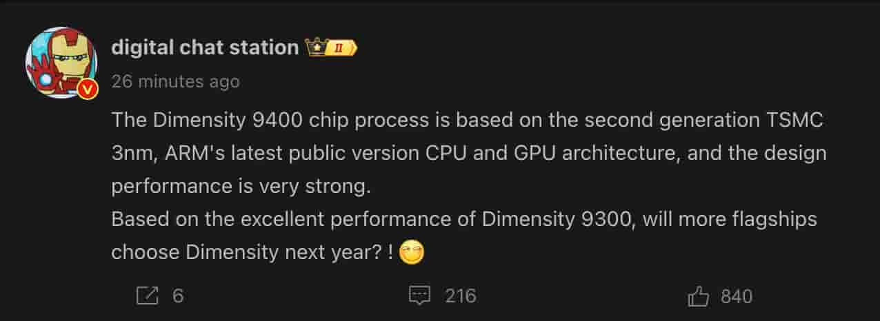 MediaTek Dimensity 9400 - DCS Weibo Post