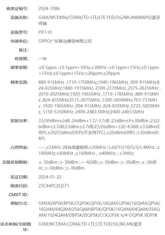 OPPO PJF110 - MIIT Certification