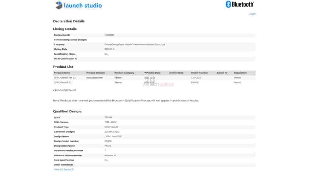 OPPO Reno 11 Pro - Bluetooth SIG Certification