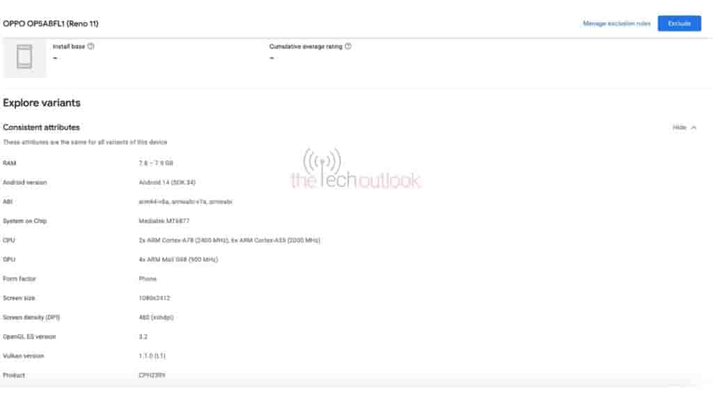 OPPO Reno 11 - Google Play Console Listing with MediaTek Dimensity 7050 Processor