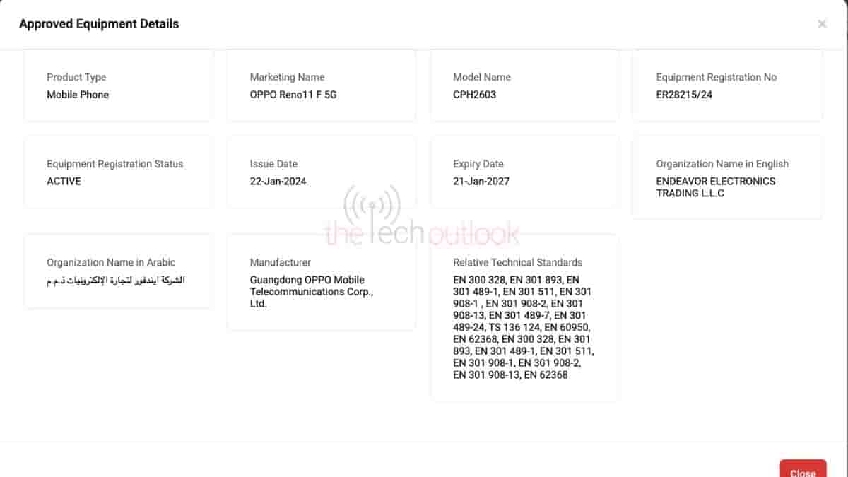OPPO Reno 11F - TDRA Certification