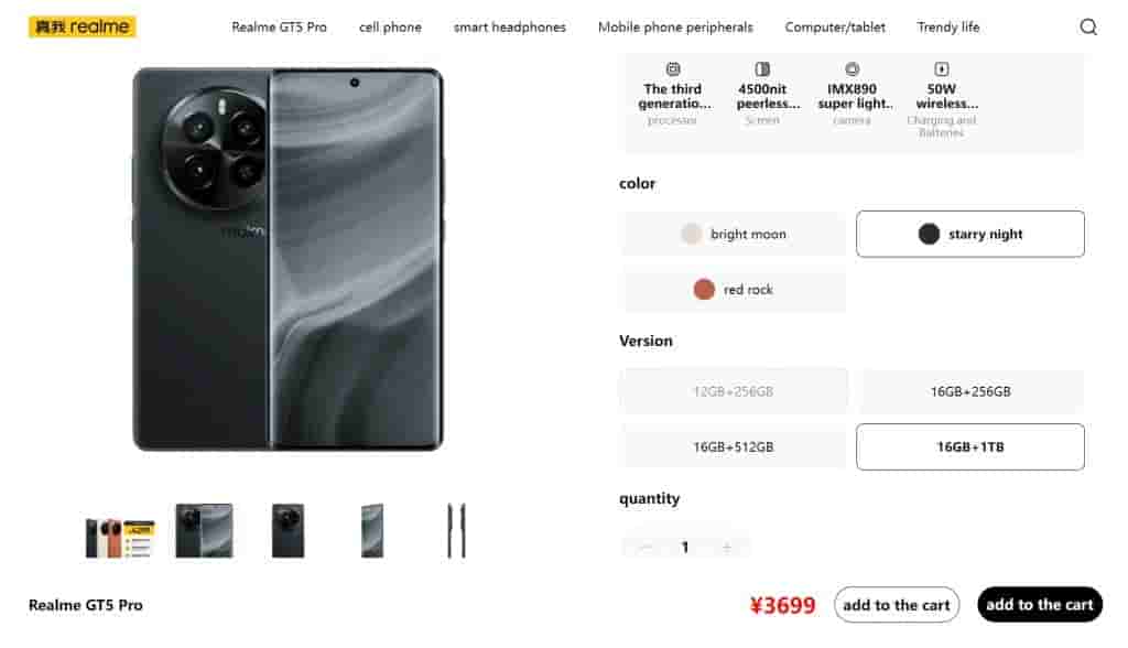 Realme GT 5 Pro - Starry Night 16GB.1TB - Listing