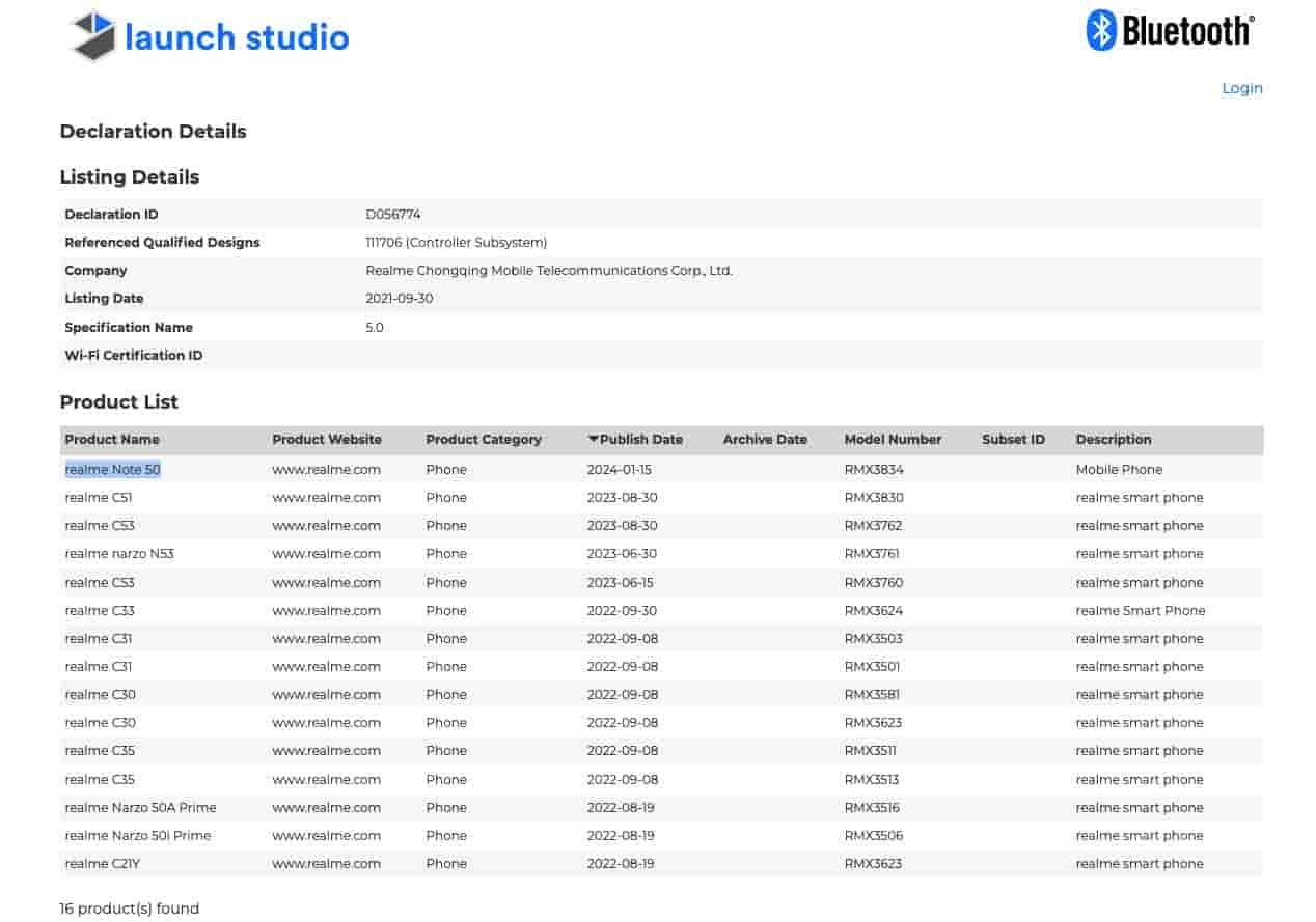 Realme Note 50 - Bluetooth SIG Certification