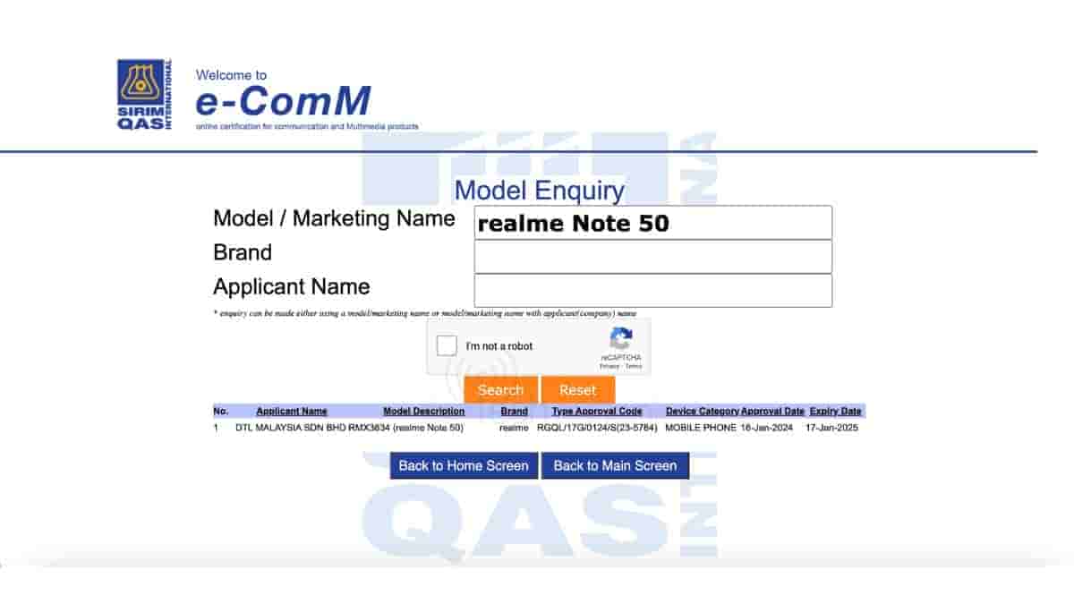 Realme Note 50 - SIRIM Certification