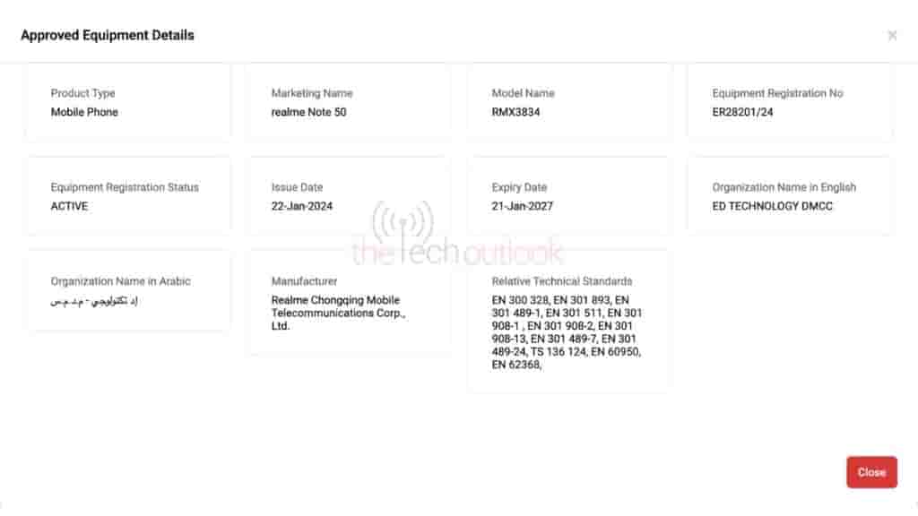 Realme Note 50 - TDRA Certification