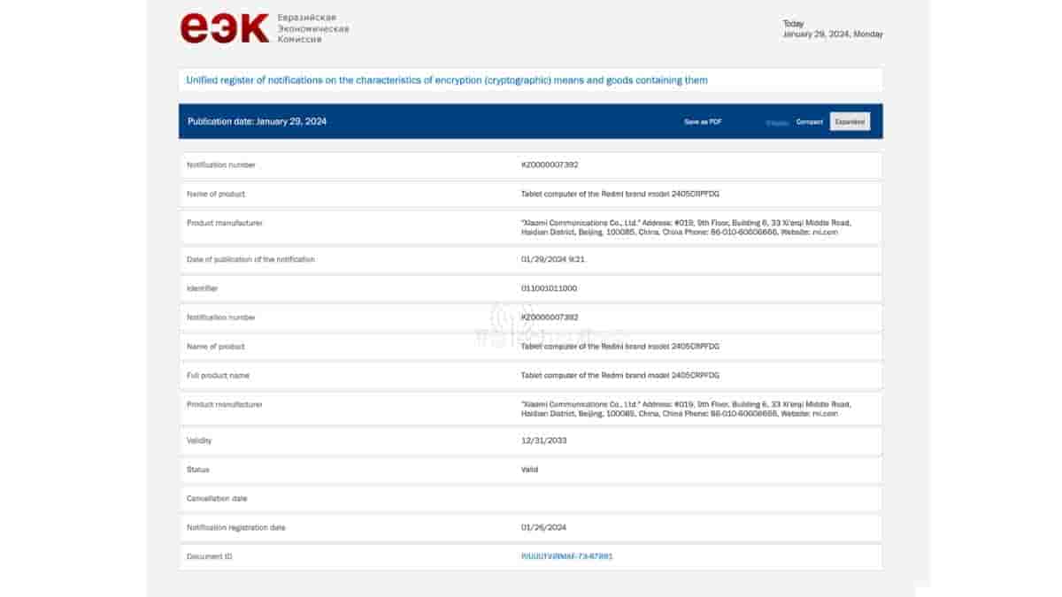 Redmi Tablet 2405CRPFDG - EEC Certification