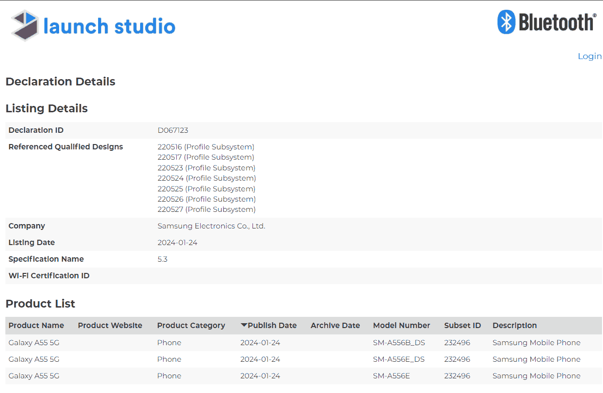 Samsung Galaxy A55 Bluetooth SIG