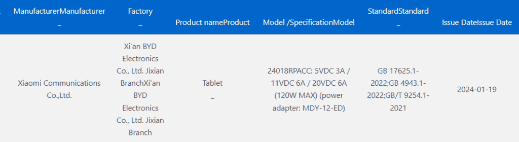 Upcoming Xiaomi Pad - 3C Certification