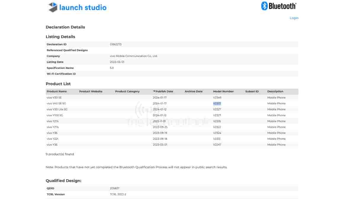 Vivo V30 SE and Vivo V40 SE 5G - Bluetooth SIG Certification