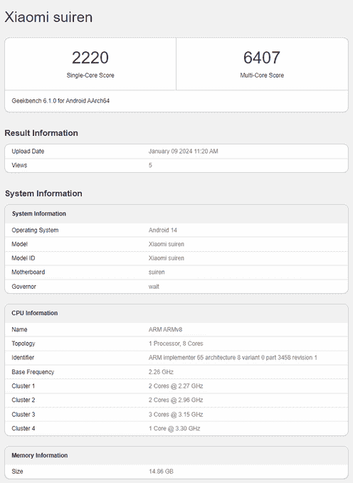 Xiaomi Suiren Geekbench