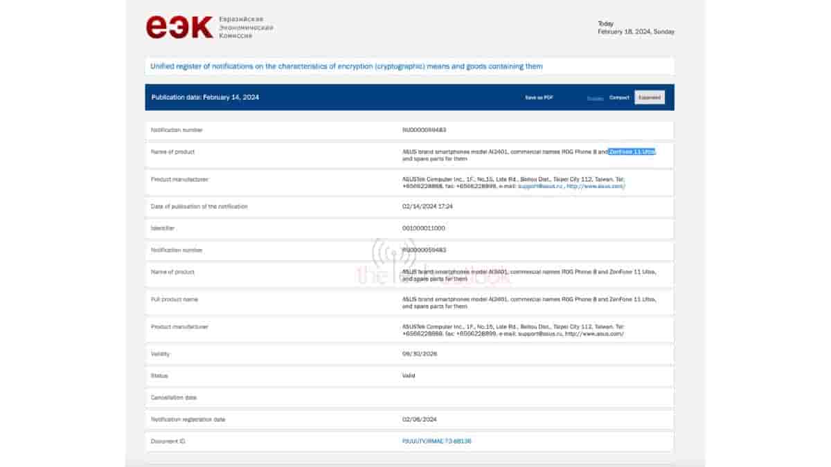 Asus Zenfone 11 Ultra - EEC Certification