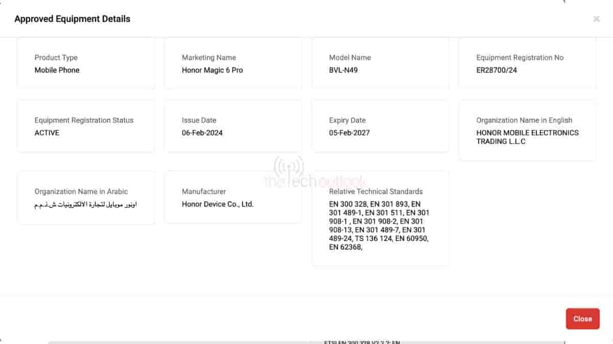 Honor Magic 6 Pro - TDRA Certification