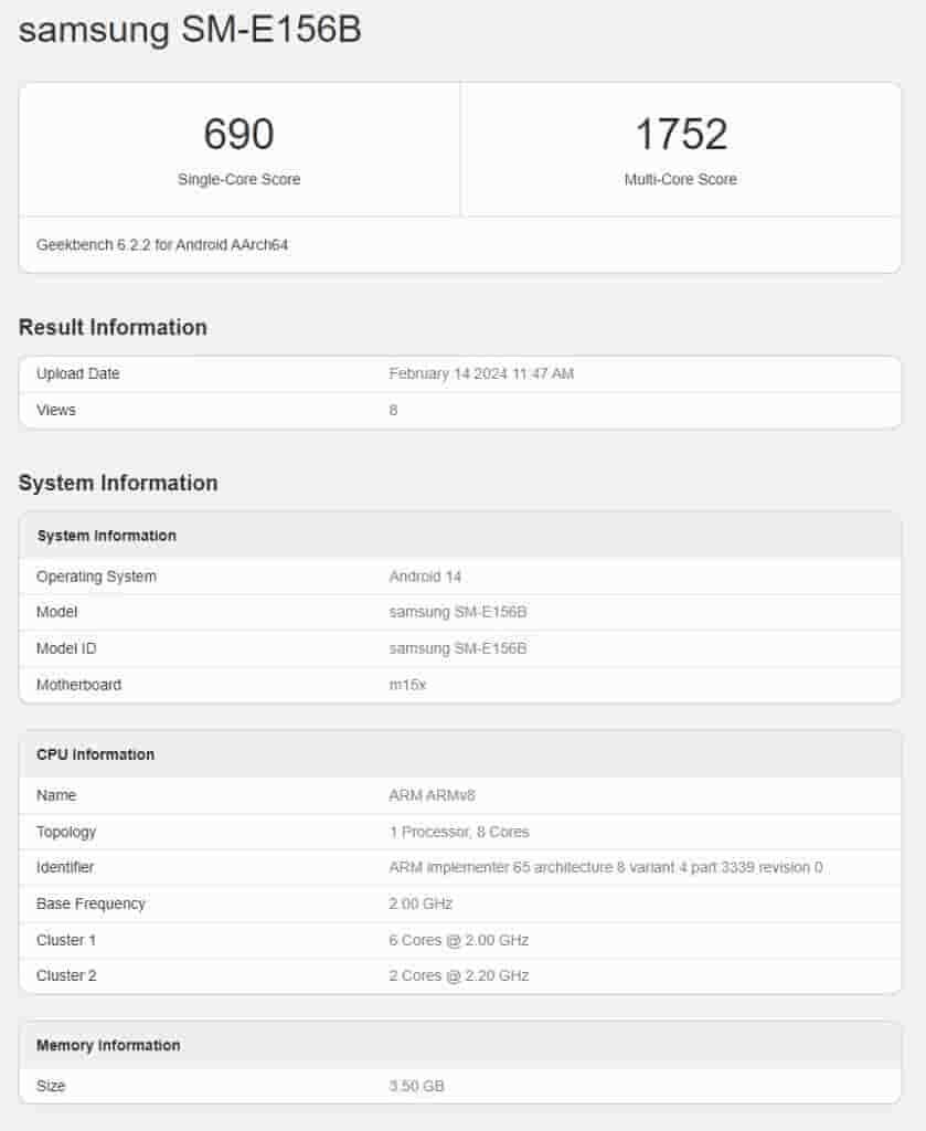 Samsung Galaxy F15 5G - Geekbench Listing