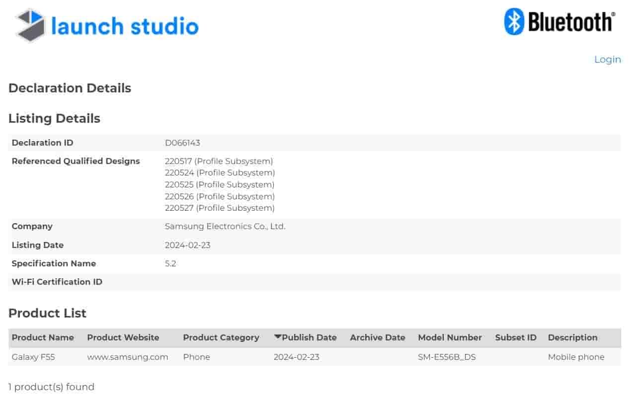 Samsung Galaxy F55 Bluetooth SIG