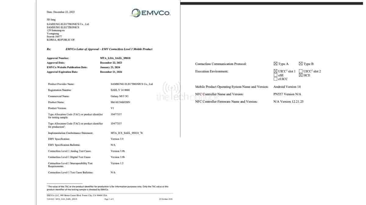Samsung Galaxy M15 5G - EMVCo Certification