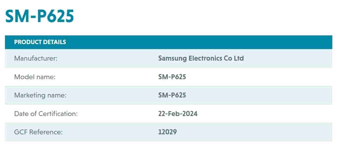 Samsung Galaxy Tab S6 Lite 2024 GCF certified