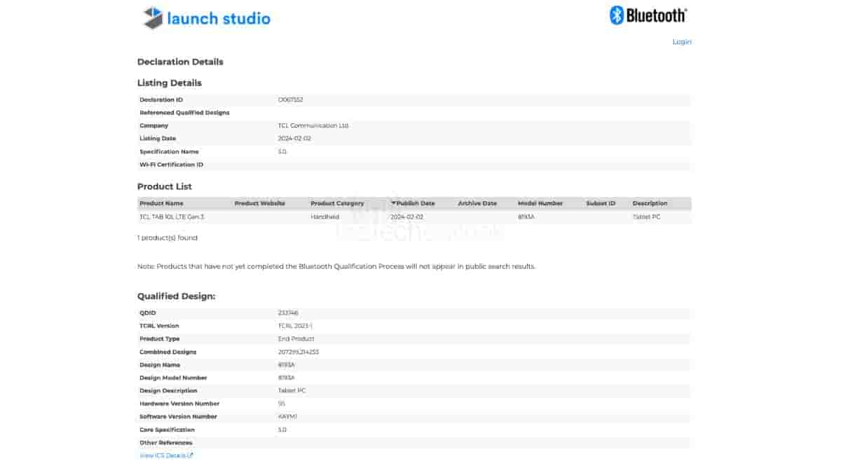 TCL TAB 10L LTE Gen 3 - Bluetooth SIG