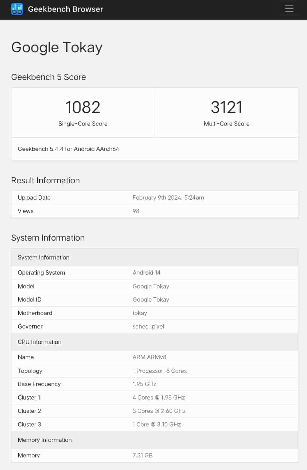 Tensor G4 - Geekbench Listing