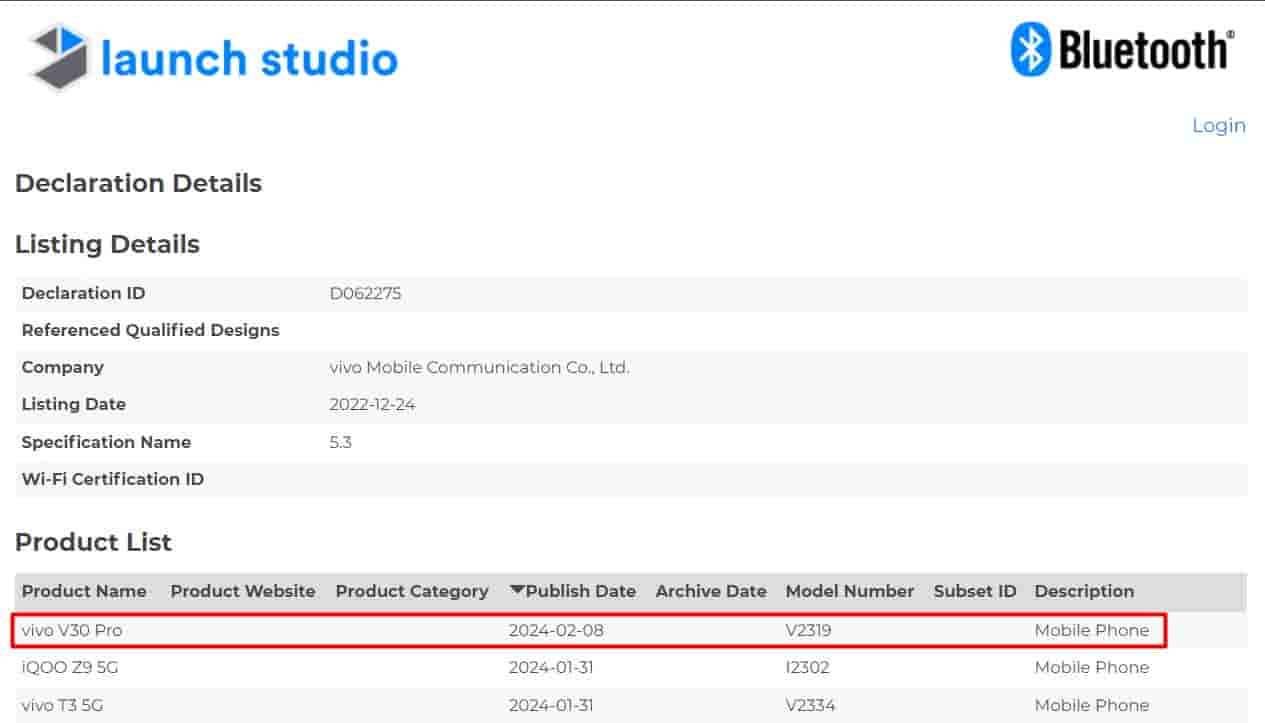Vivo V30 Pro Bluetooth SIG