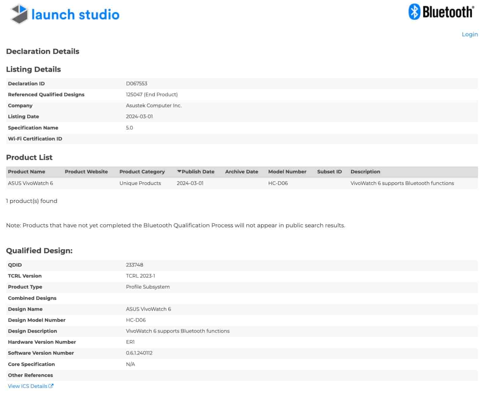 ASUS VivoWatch 6 - Bluetooth SIG Certification