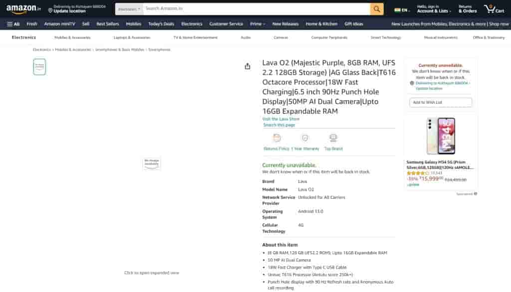 Lava O2 Smartphone Product Page Listed on Amazon: Key Specs Revealed ...