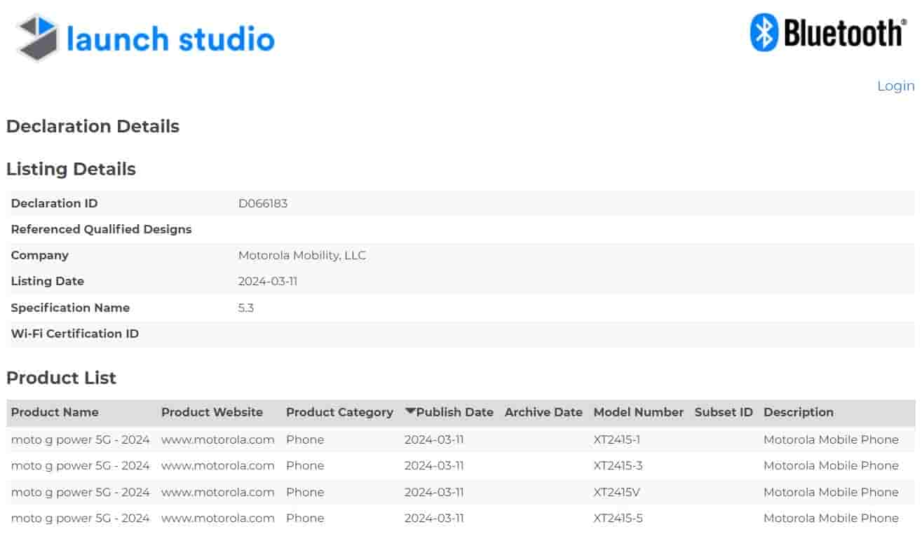 Moto G Power 5G 2024 Bluetooth SIG