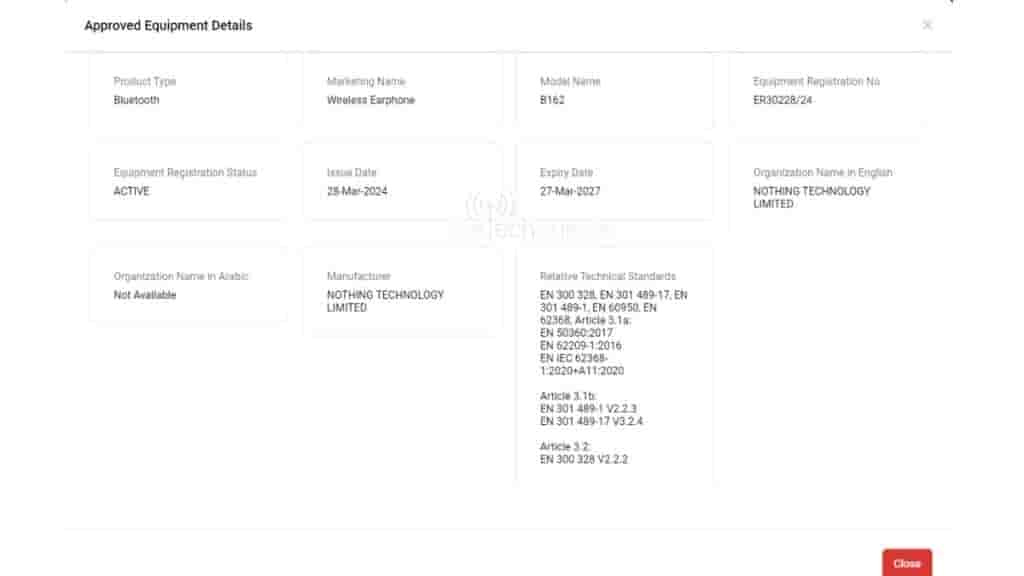 Nothing Earphone - Model Number B162 - TDRA Certification